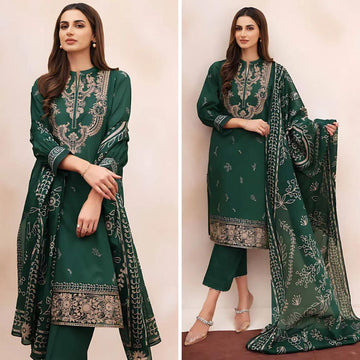 3- Piece Embroidered Dhanak Dress with Shawl