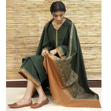 3- Piece Embroidered Dhanak Dress with Shawl