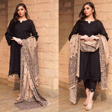 3- Piece Embroidered Dhanak Dress with Shawl