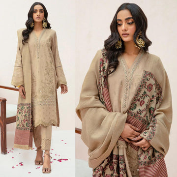 3- Piece Embroidered Dhanak Dress with Shawl