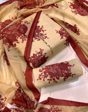 beige and deep red - Lawn 3Pc Suit