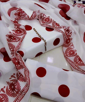 white with red polka dots - Lawn 3Pc Suit