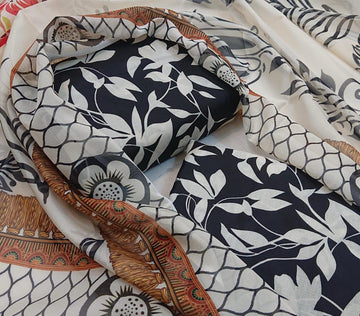 black with white leaf  - Lawn 3Pc Suit