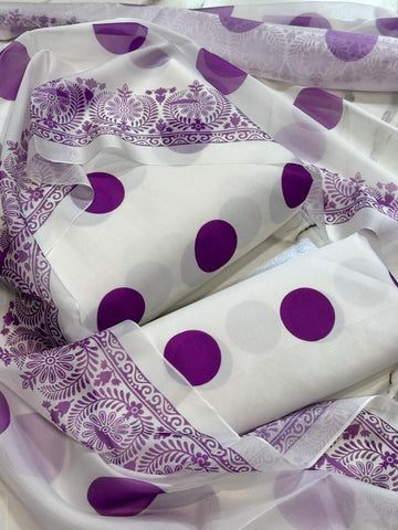 white with purple polka dots  - Lawn 3Pc Suit