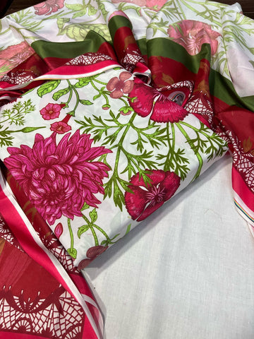 white with pink flowers  - Lawn 3Pc Suit